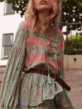 SPELL Long Sleeve Lace-Up City Lights Boho Blouse, NEW